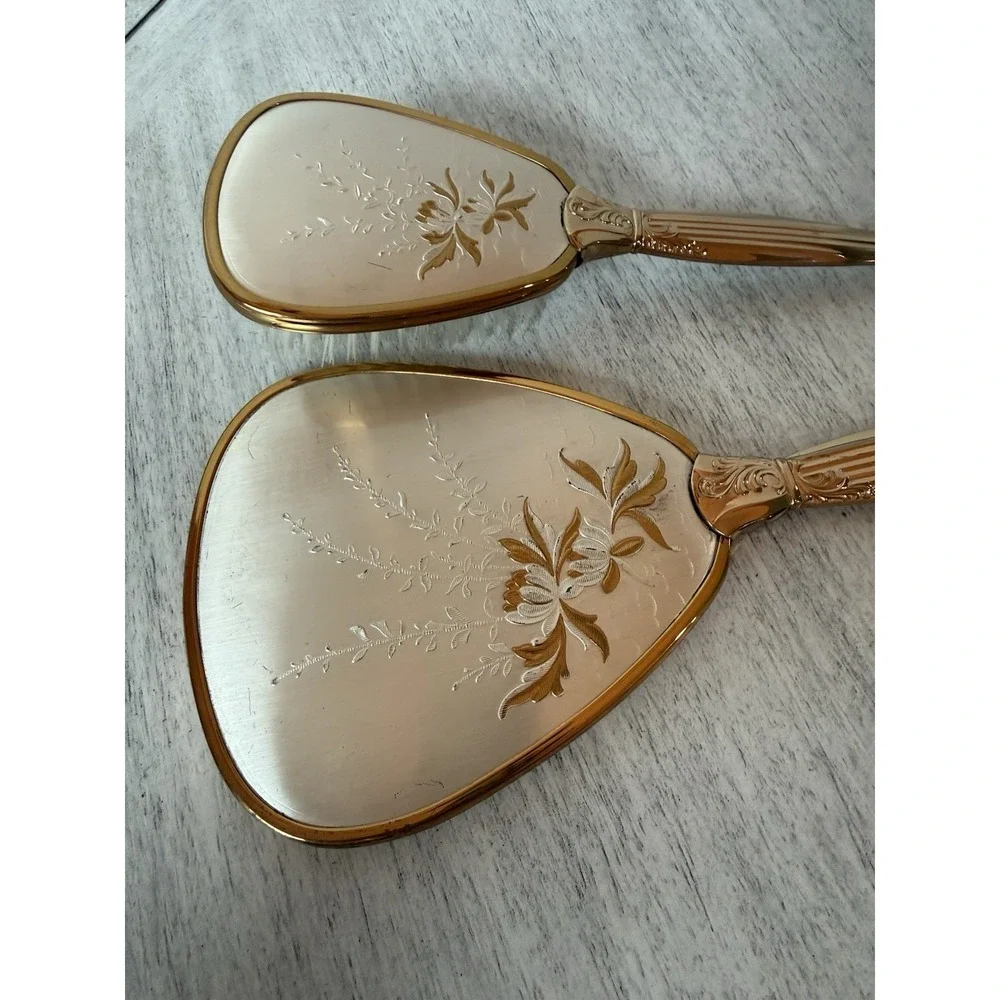 Vintage Gold Tone Hand Mirror & Brush Set Embossed Floral Fluted Handle Vanity